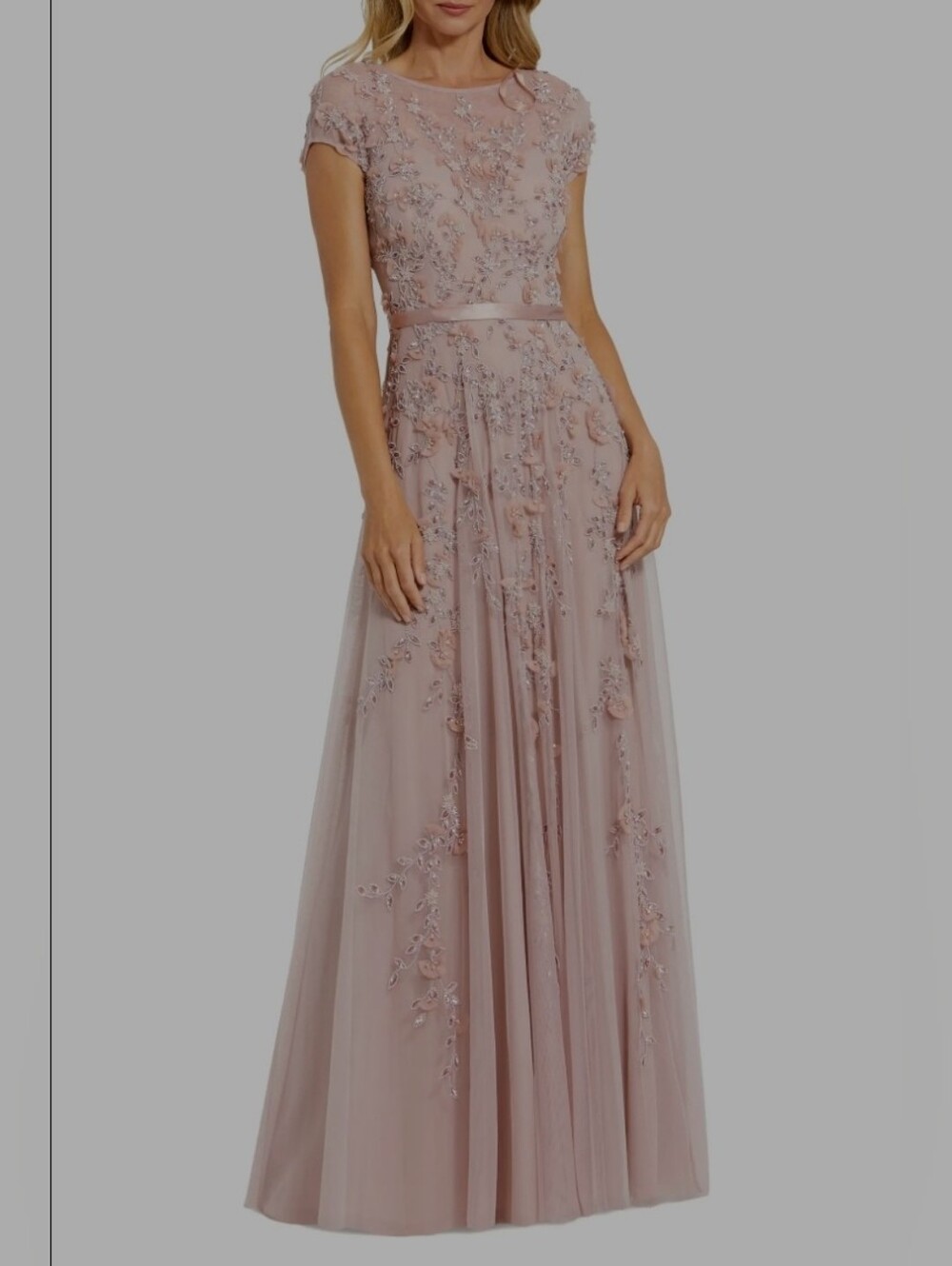Macduggal Floral Beaded Mocha Pink Short Sleeve Evening Gown dress gown 4 - Picture 2 of 7